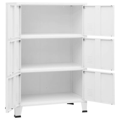 Interior view of white cabinet showing three shelves and double doors open