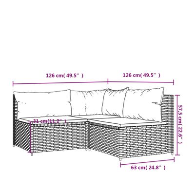 vidaXL 3 Piece Patio Lounge Set with Cushions Gray Poly Rattan