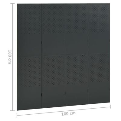 Dimensions of a dark grey perforated panel system: 180 cm tall and 160 cm wide, with four vertical panels