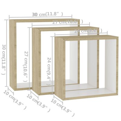 vidaXL Wall Cube Shelves 3 pcs White and Sonoma Oak