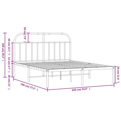 vidaXL Metal Bed Frame with Headboard White 53.9"x74.8"