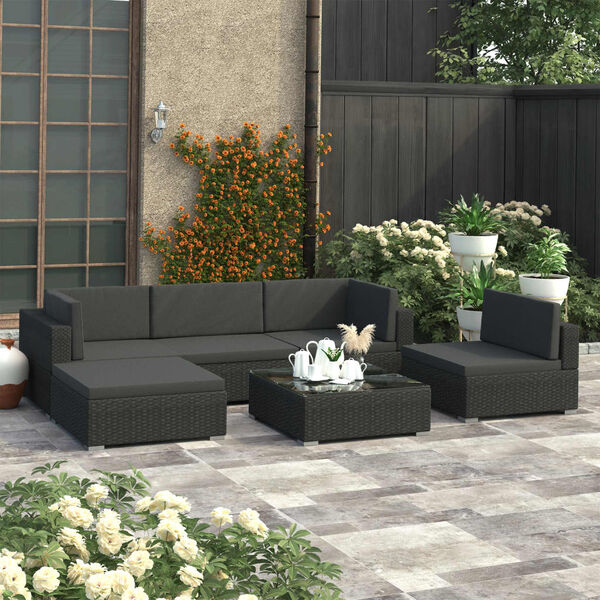 vidaXL Patio Sofa Set Set of 6 Black PE rattan, glass, powder-coated steel