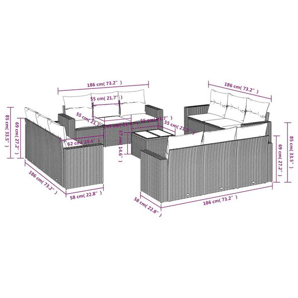 vidaXL 13 Piece Patio Sofa Set with Cushions Brown Poly Rattan