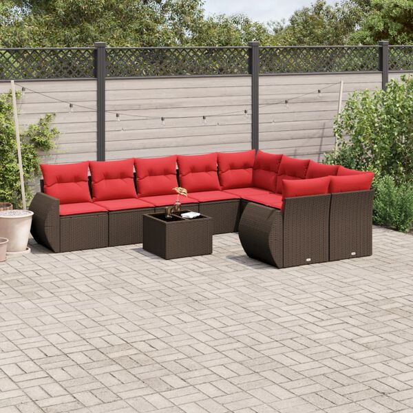 vidaXL 10 Piece Garden Sofa Set with Cushions Brown Poly Rattan