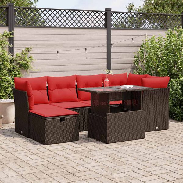 vidaXL 7 Piece Patio Sofa Set with Cushions Brown Poly Rattan Acacia