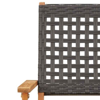 Partial view of a grey woven backrest on a wooden frame chair.