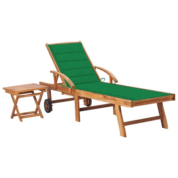 vidaXL Sun Lounger Natural Teak, Green Cushion