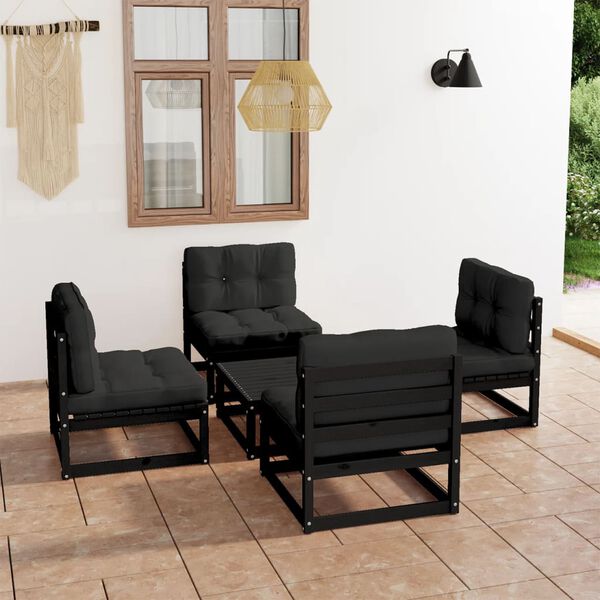 vidaXL Garden Lounge Set Black Solid Pinewood, Fabric (100% Polyester)