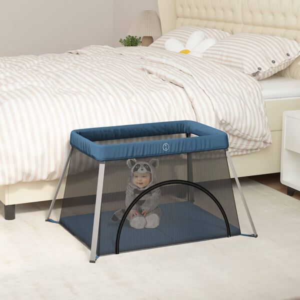 vidaXL Baby Playpen with Mattress Navy Blue Linen Fabric