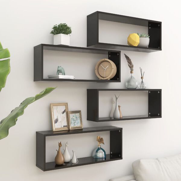 vidaXL Wall Shelf Set of 4 Black Engineered Wood 23.6 x 5.9 x 9.1 in