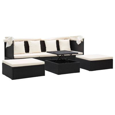 vidaXL Patio Lounge Bed with Roof Black Poly Rattan