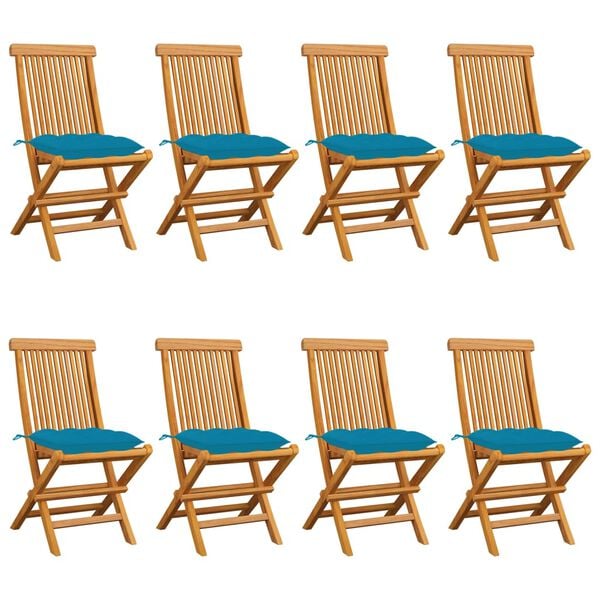 vidaXL Patio Chair Set of 8 Light Blue, Natural Wood Teak Wood, Polyester