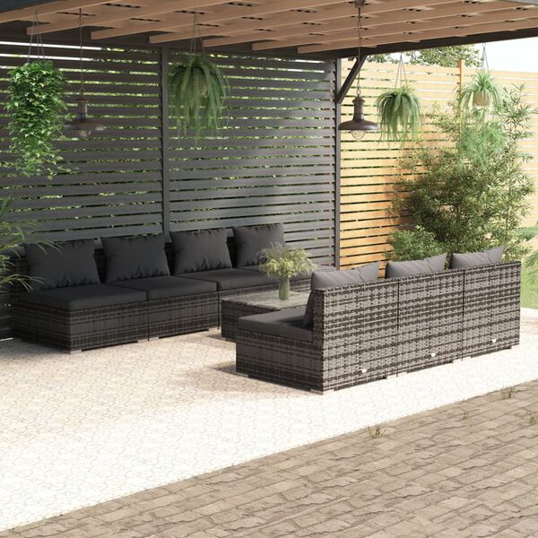 vidaXL Garden Lounge Set Grey PE Rattan, Powder-Coated Steel, Plastic, Glass