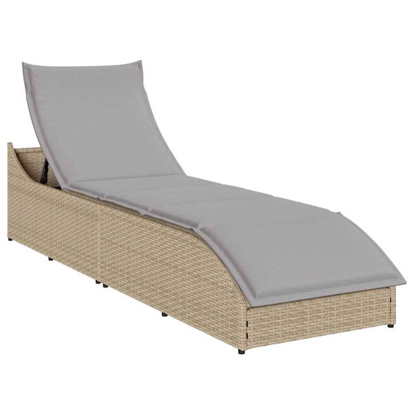 vidaXL Folding Sun Lounger with Cushion and Storage Beige Poly Rattan