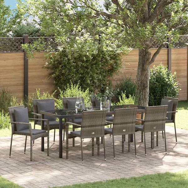 vidaXL Garden Dining Set with Cushion 9 pcs Grey Poly Rattan