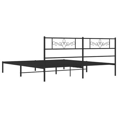 Three-quarter view of a metal bed frame with two bun heads and side rails.