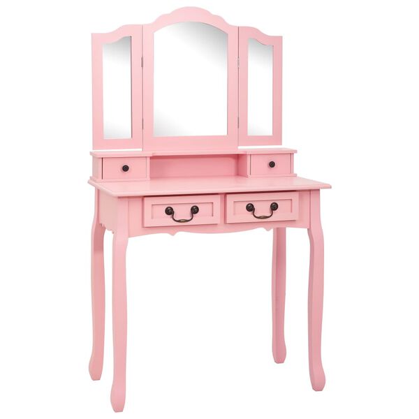 vidaXL Dressing Table Set with Stool Pink 31.5x27.2x55.5" Paulownia Wood