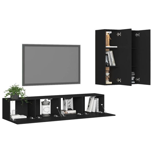 vidaXL TV Cabinet Set Set of 4 Black Engineered Wood TV Cabinet Set