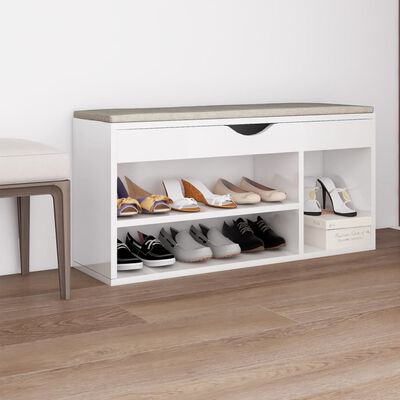 vidaXL Shoe Bench with Cushion High Gloss White 40.9"x11.8"x19.3" Engineered Wood