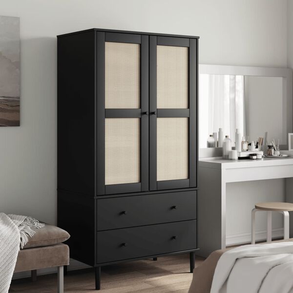 vidaXL Wardrobe Black Solid Pine Wood, Engineered Wood, Poly Rattan