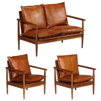 vidaXL 3 Piece Sofa Set Real Leather with Solid Wood Acacia Brown