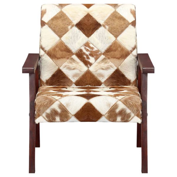 vidaXL Armchair White and Brown Goat Leather, Acacia Wood Standard