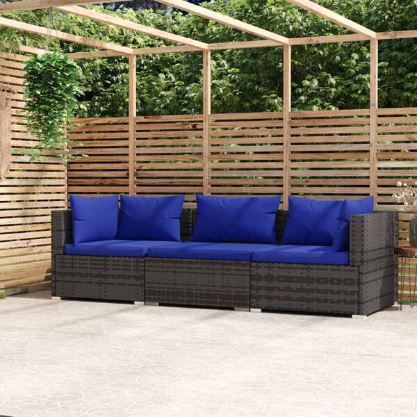 vidaXL 3-seater Sofa Grey PE rattan, powder-coated steel, plastic Large