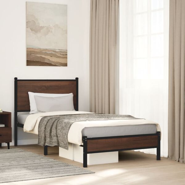 vidaXL Bed Frame Brown Oak Steel, Engineered Wood Single Bed Frame