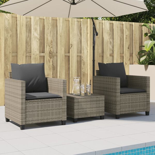 vidaXL 3 Piece Bistro Set with Cushions Grey Poly Rattan