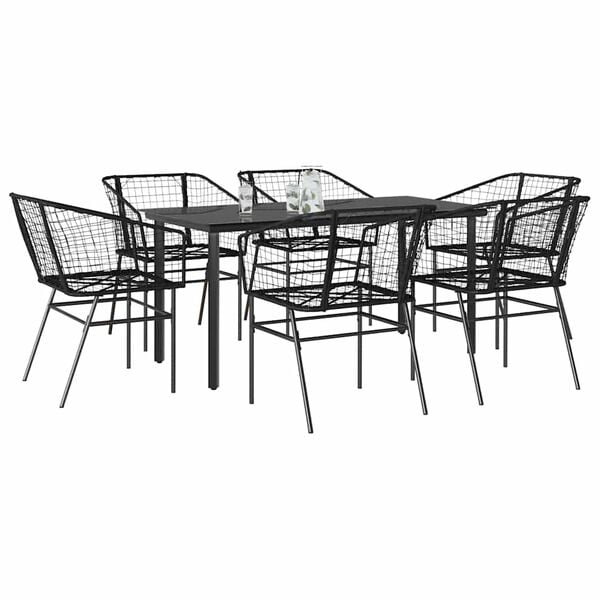 vidaXL 7 Piece Patio Dining Set Black Poly Rattan Glass