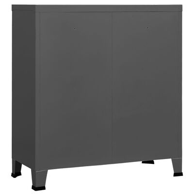 Full side view of the gray cabinet with two doors, legs, and smooth surface.