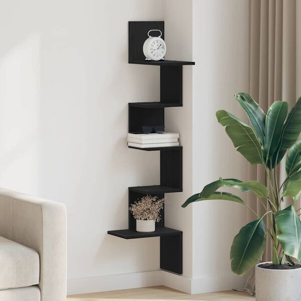 vidaXL Wall Corner Shelf Black Engineered Wood 12.6 x 12.6 x 50.2 in