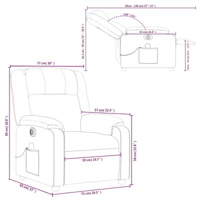 Technical schematic drawing with dimensions of recliner showing measurements