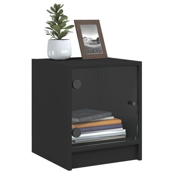 vidaXL Nightstand Black Engineered wood, glass 13.8 x 14.6 x 16.5 in