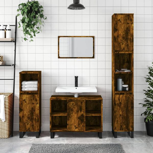 vidaXL Bathroom Furniture Set Smoked oak Engineered wood, iron Medium