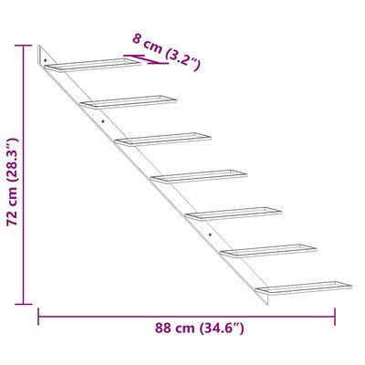 Technical diagram with dimensions for a diagonal wine rack: height 72 cm, depth 88 cm, extension 8 cm with multiple shelves.