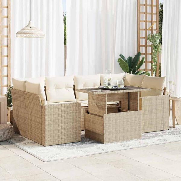 vidaXL Garden Sofa Set Beige PE Rattan 7 Piece Modular Garden Sofa Set