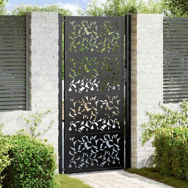 vidaXL Garden Gate Black 39.4x78.7" Steel Leaf Design