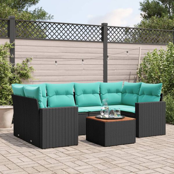 vidaXL 7 Piece Patio Sofa Set with Cushions Black Poly Rattan