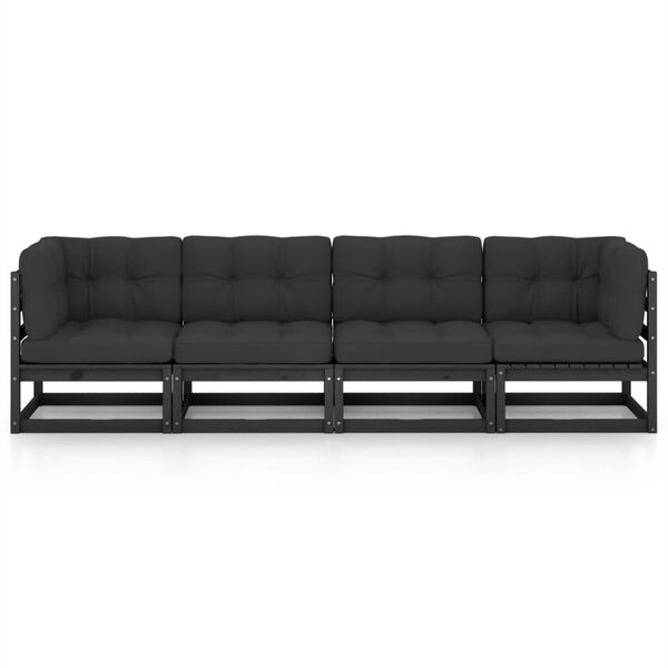 vidaXL Garden Sofa Black Solid pine wood, 100% polyester 4-seater