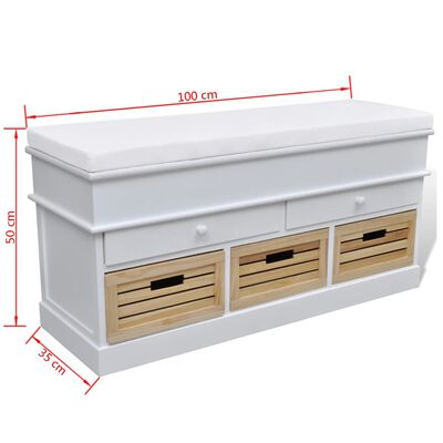 vidaXL White Storage & Entryway Bench with Cushion Top 2 Draw 3 Crate