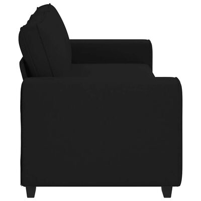 Close-up side view of a black fabric sofa arm and seat cushion.