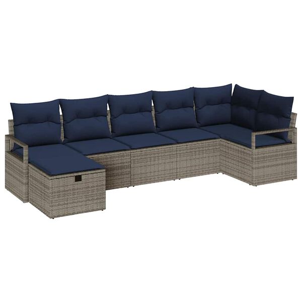 vidaXL Sofa Set with Cushion Manual 7 pcs Grey and Navy Poly Rattan