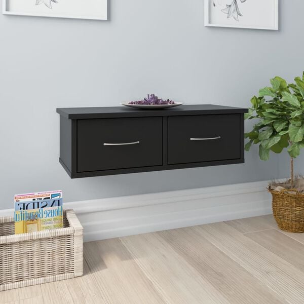 vidaXL Wall-mounted Drawer Shelf Black 23.6x10.2x7.3" Engineered Wood