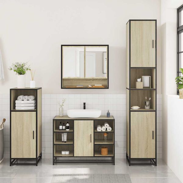 vidaXL Bathroom Furniture Set Sonoma oak Engineered wood, metal, glass