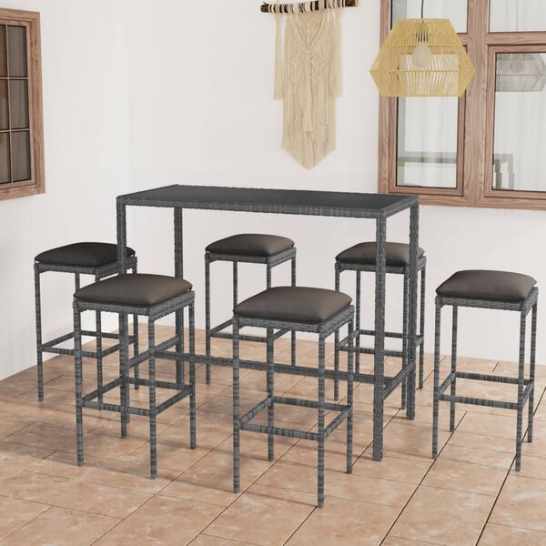 vidaXL Garden Bar Set Grey PE rattan, powder-coated steel, tempered glass