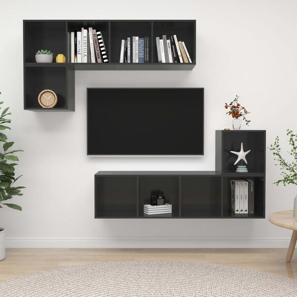 vidaXL TV Cabinet Set High gloss grey Engineered wood Medium