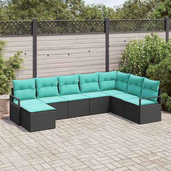 vidaXL Sofa Set with Cushion 8 pcs Black and Turquoise Poly Rattan