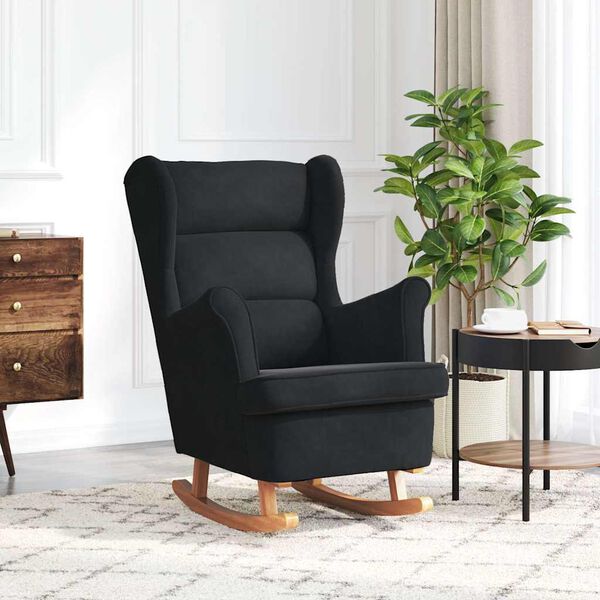 vidaXL Rocking Chair Black Velvet, Solid Rubber Wood Standard