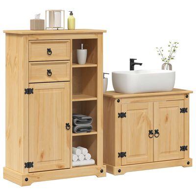 Wooden bathroom vanity with sink cabinet set, tall cabinet with drawers and open shelves, and corner cabinet; natural wood finish